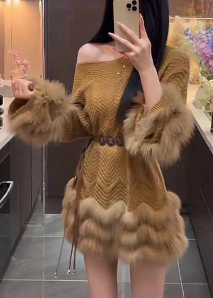 Women Brown Cold Shoulder Patchwork Faux Fur Sweater Dress Spring