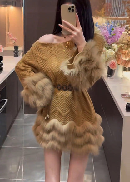 Women Brown Cold Shoulder Patchwork Faux Fur Sweater Dress Spring