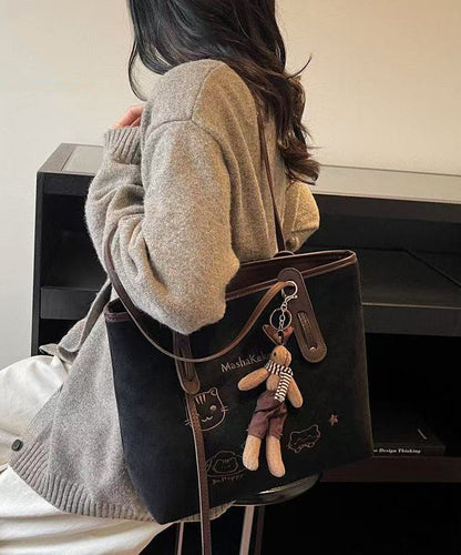 Women Brown Cute Cat Embroidered Faux Leather Shoulder Bags