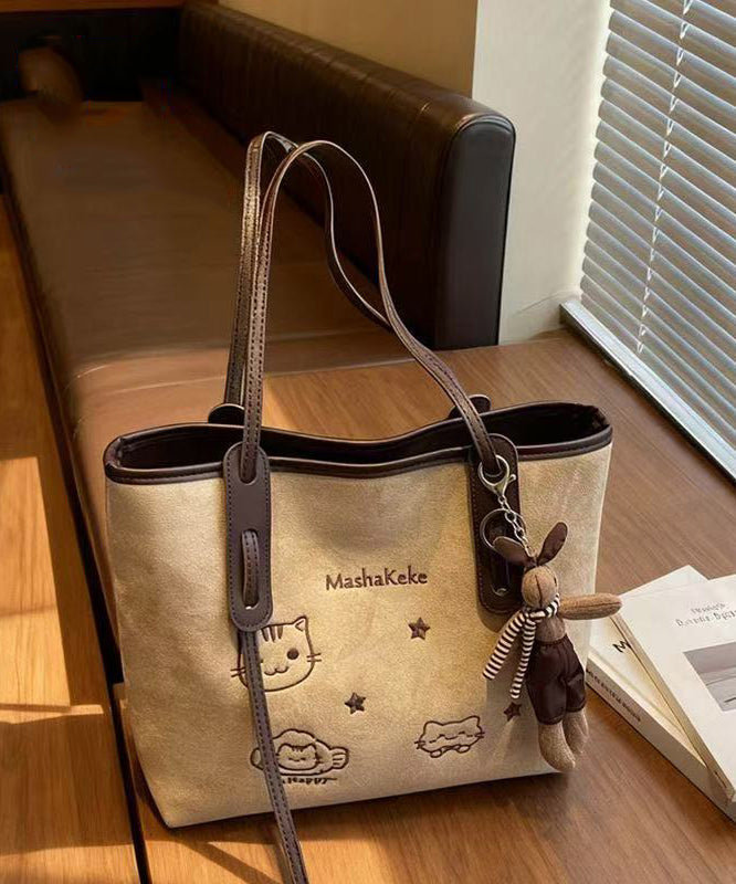 Women Brown Cute Cat Embroidered Faux Leather Shoulder Bags