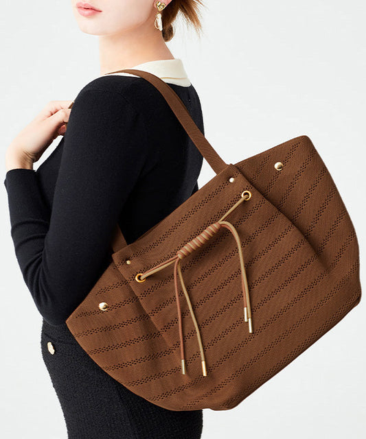 Women Brown Drawstring Striped Cotton Shoulder Bags