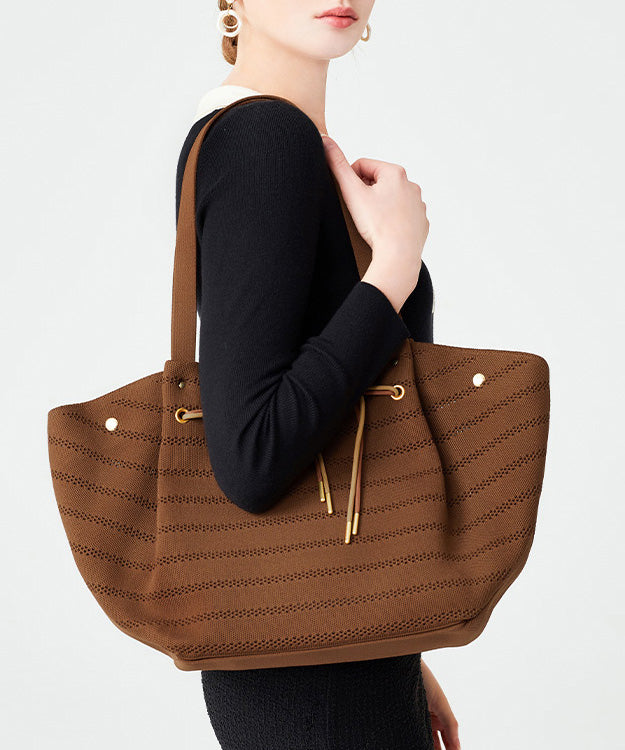 Women Brown Drawstring Striped Cotton Shoulder Bags