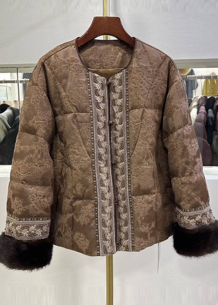 Women Brown Embroidered Jacquard Duck Down Jackets Winter