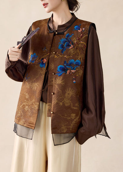 Women Brown Embroidered Patchwork Satin Fake Two Piece Tops Fall