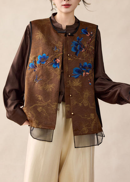 Women Brown Embroidered Patchwork Satin Fake Two Piece Tops Fall