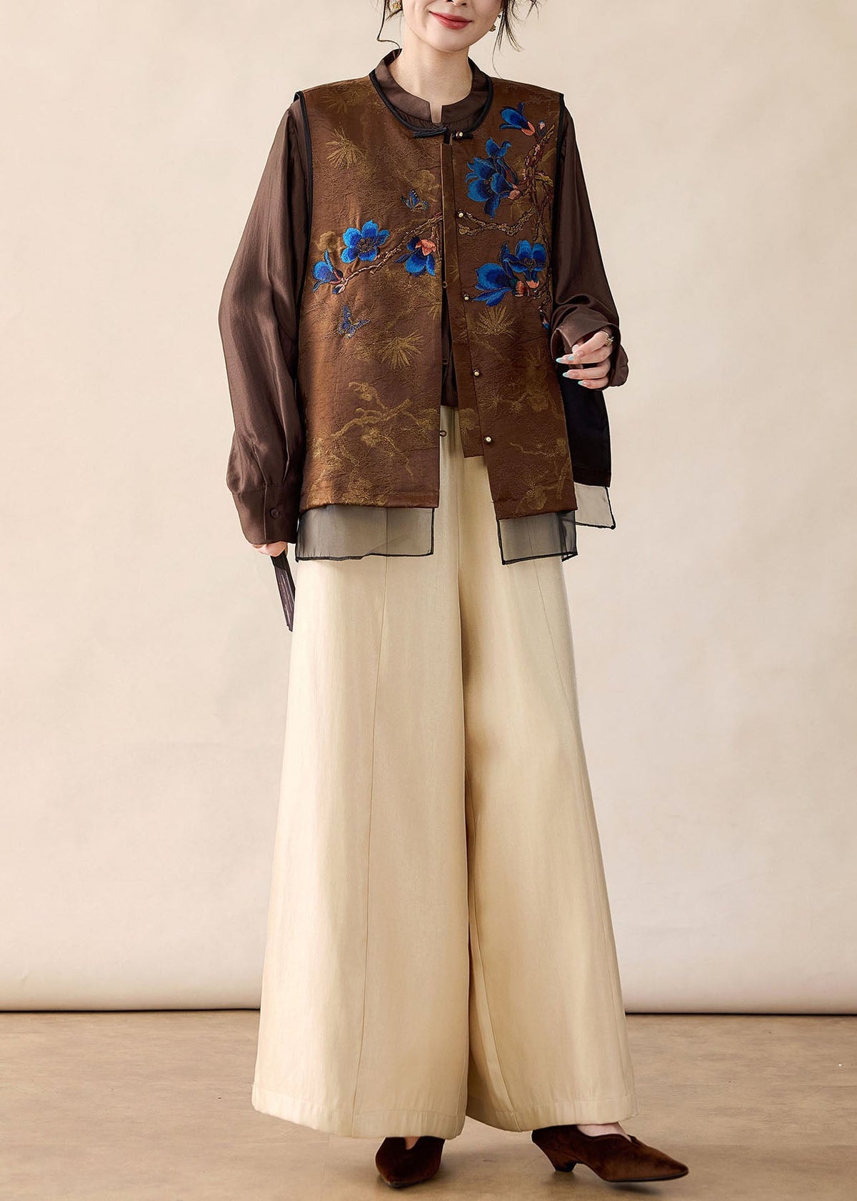 Women Brown Embroidered Patchwork Satin Fake Two Piece Tops Fall
