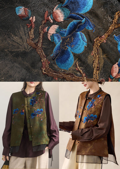 Women Brown Embroidered Patchwork Satin Fake Two Piece Tops Fall