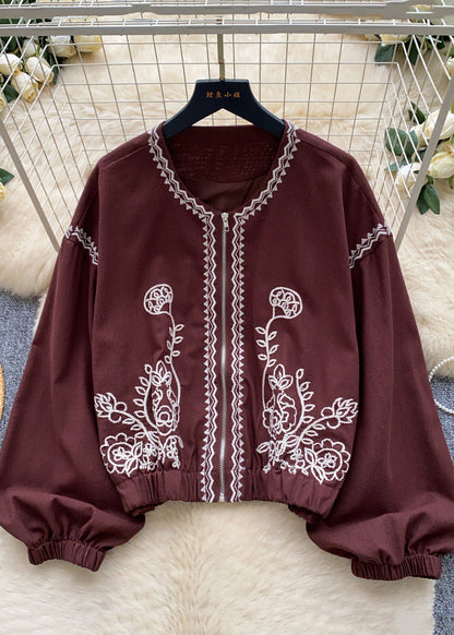 Women Brown Embroidered Zippered Cotton Coats Fall