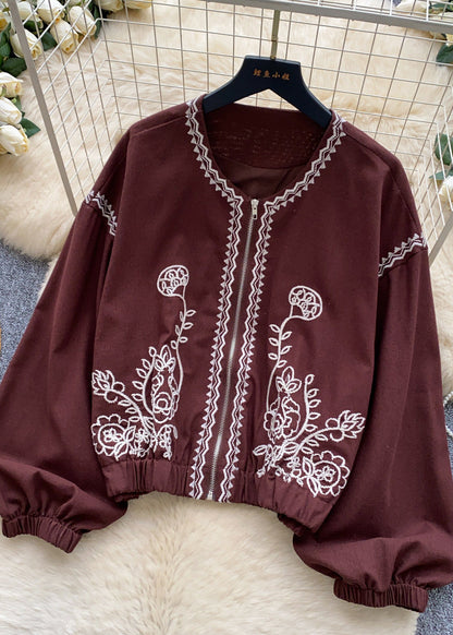 Women Brown Embroidered Zippered Cotton Coats Fall