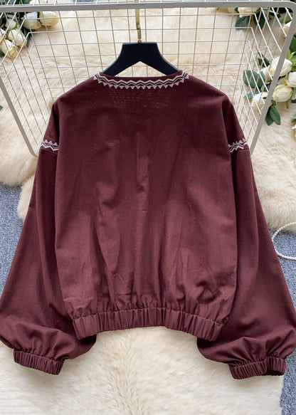 Women Brown Embroidered Zippered Cotton Coats Fall