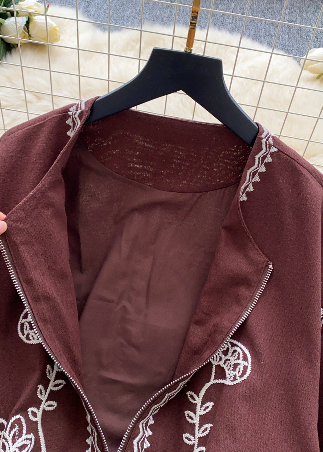 Women Brown Embroidered Zippered Cotton Coats Fall