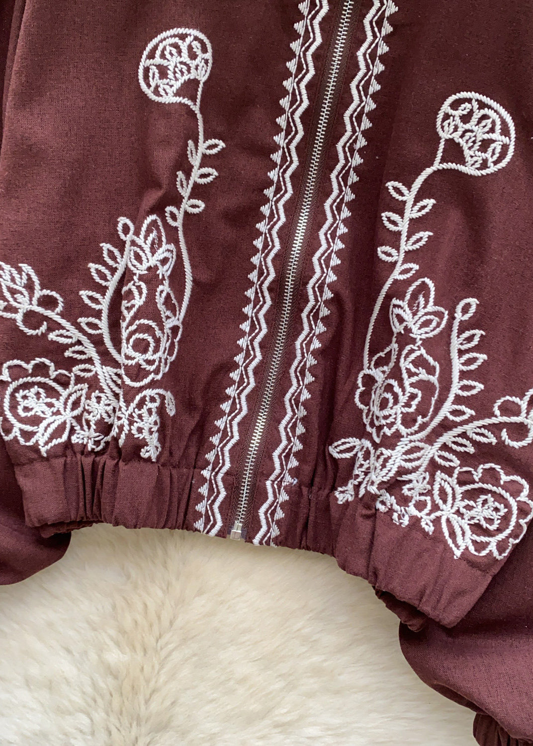 Women Brown Embroidered Zippered Cotton Coats Fall