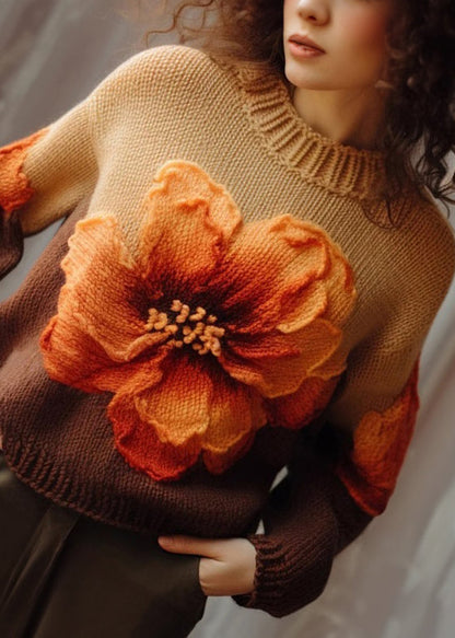 Women Brown O Neck Floral  Cotton Knit Sweaters Long Sleeve