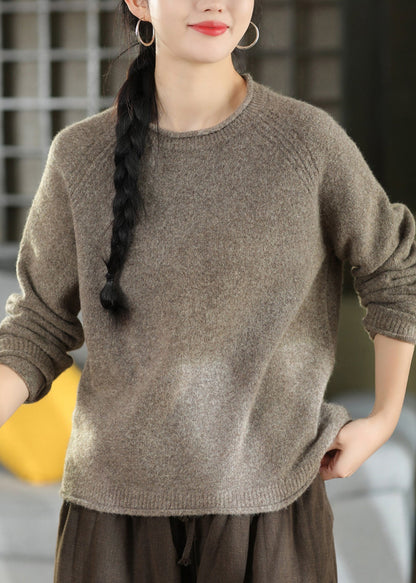 Women Brown O Neck Thick Warm Knit Sweater Tops Fall