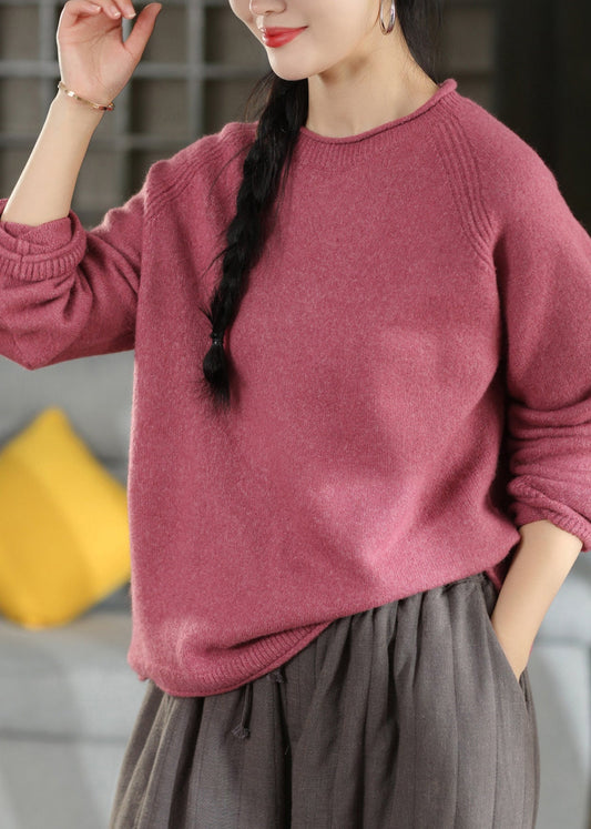 Women Brown O Neck Thick Warm Knit Sweater Tops Fall