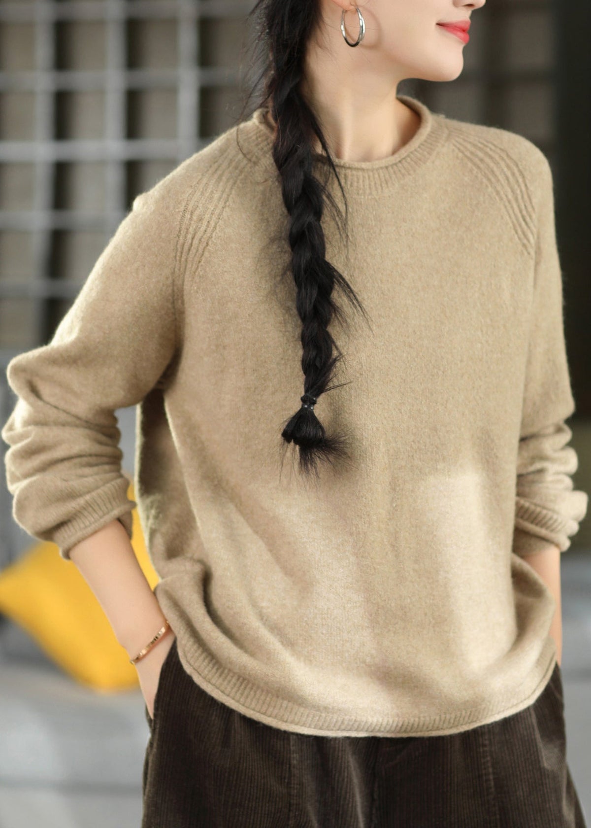 Women Brown O Neck Thick Warm Knit Sweater Tops Fall