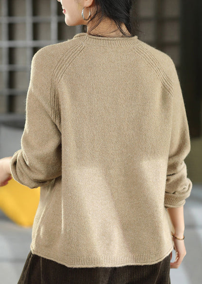 Women Brown O Neck Thick Warm Knit Sweater Tops Fall