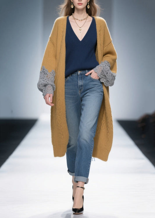 Women Brown Oversized Patchwork Lace Knit Long Cardigans Winter