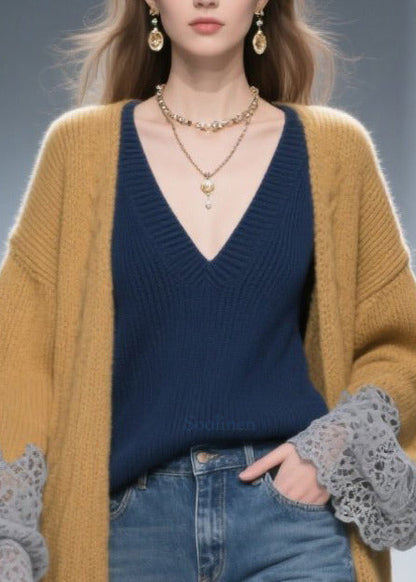 Women Brown Oversized Patchwork Lace Knit Long Cardigans Winter