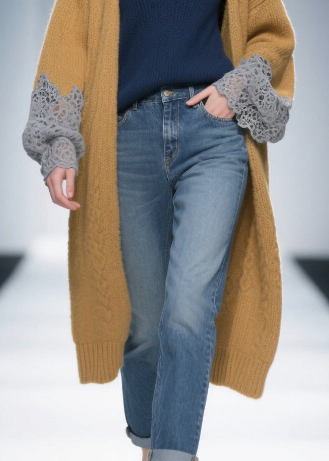 Women Brown Oversized Patchwork Lace Knit Long Cardigans Winter
