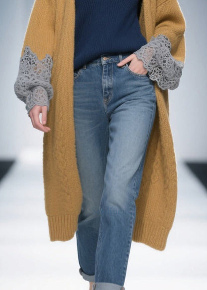 Women Brown Oversized Patchwork Lace Knit Long Cardigans Winter