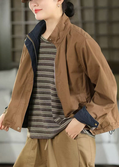 Women Brown Oversized Pockets Cotton Coat Outwear Fall