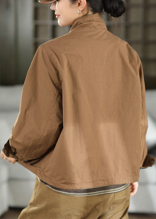 Women Brown Oversized Pockets Cotton Coat Outwear Fall