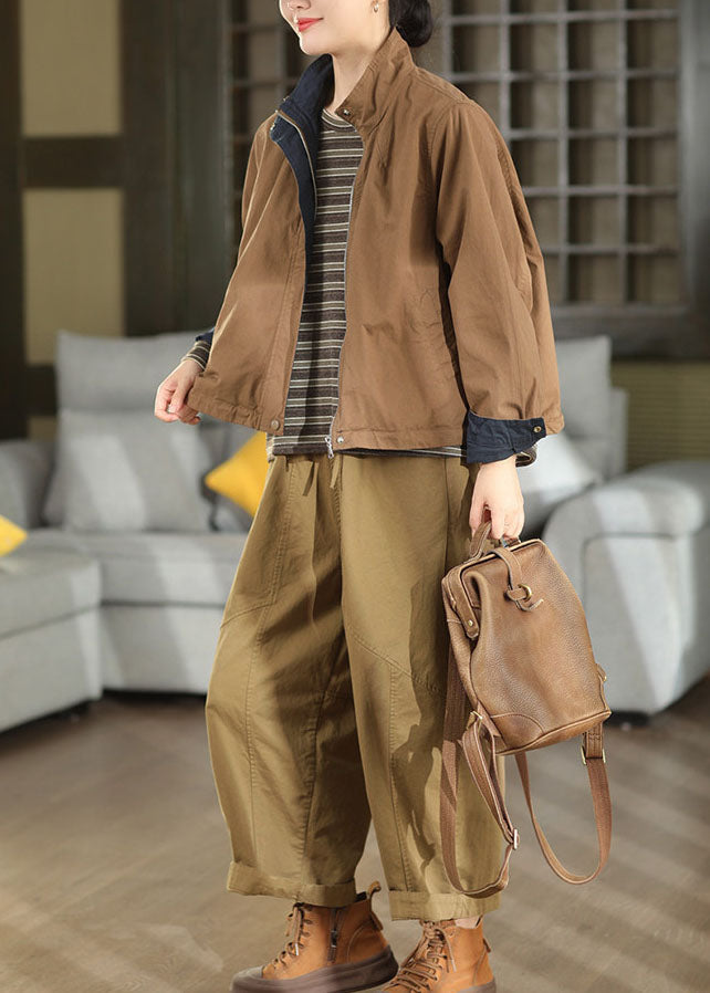 Women Brown Oversized Pockets Cotton Coat Outwear Fall