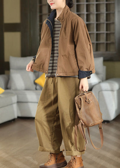 Women Brown Oversized Pockets Cotton Coat Outwear Fall