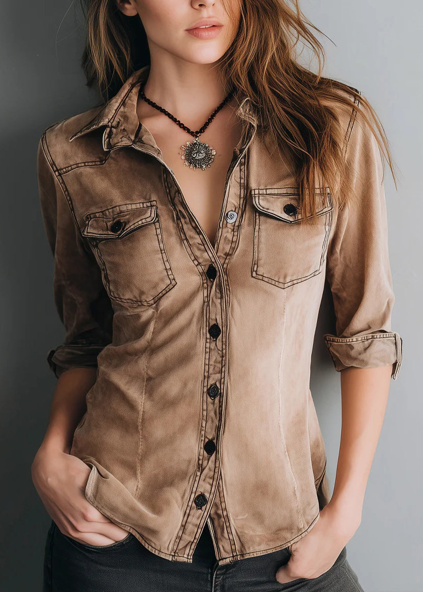 Women Brown Peter Pan Collar Button Denim Shirts Top Fall