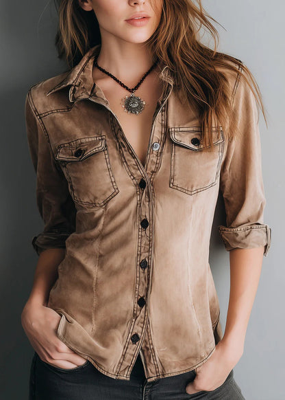 Women Brown Peter Pan Collar Button Denim Shirts Top Fall