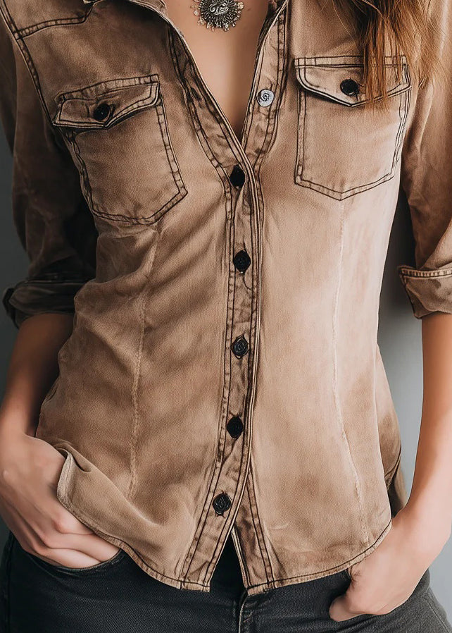 Women Brown Peter Pan Collar Button Denim Shirts Top Fall