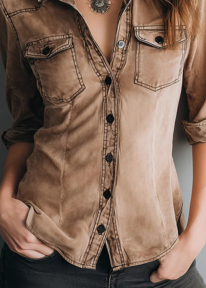 Women Brown Peter Pan Collar Button Denim Shirts Top Fall