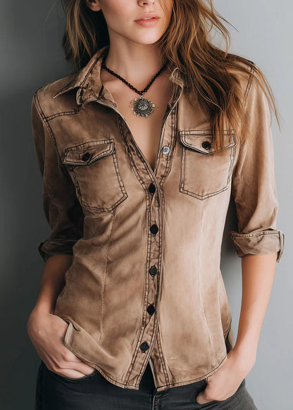 Women Brown Peter Pan Collar Button Denim Shirts Top Fall