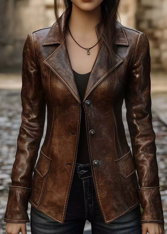 Women Brown Peter Pan Collar Button Faux Leather Coats Fall