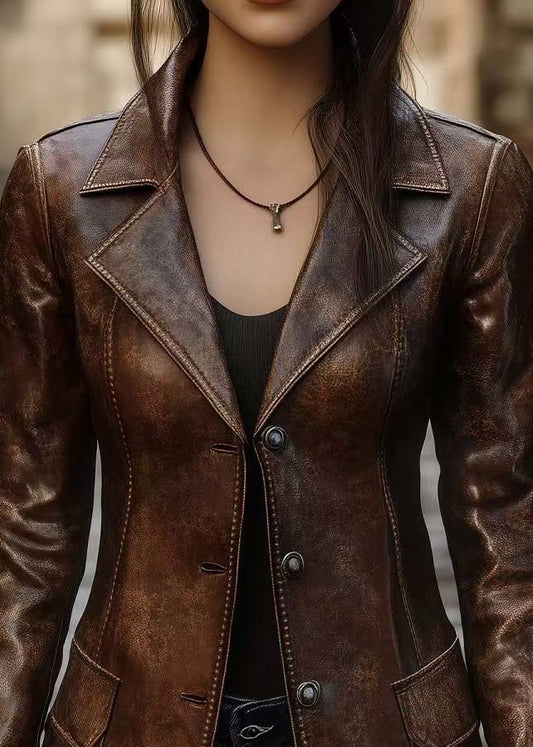 Women Brown Peter Pan Collar Button Faux Leather Coats Fall