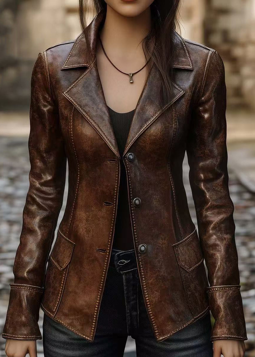 Women Brown Peter Pan Collar Button Faux Leather Coats Fall