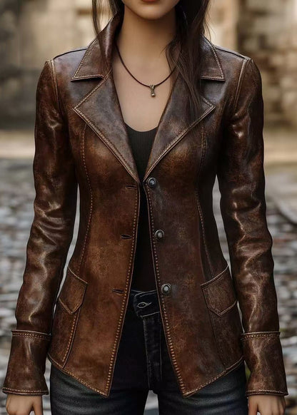 Women Brown Peter Pan Collar Button Faux Leather Coats Fall