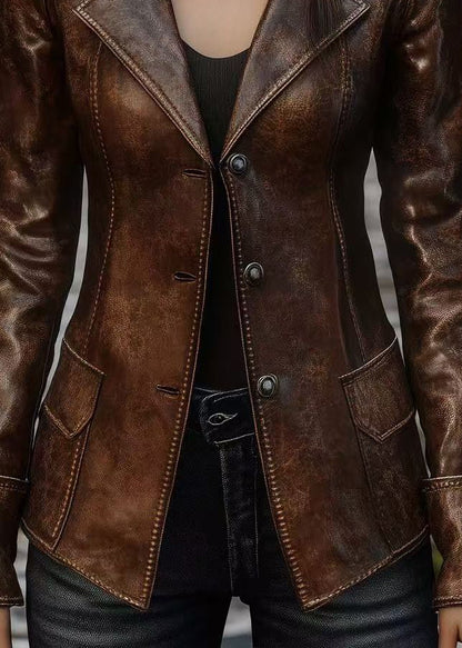 Women Brown Peter Pan Collar Button Faux Leather Coats Fall