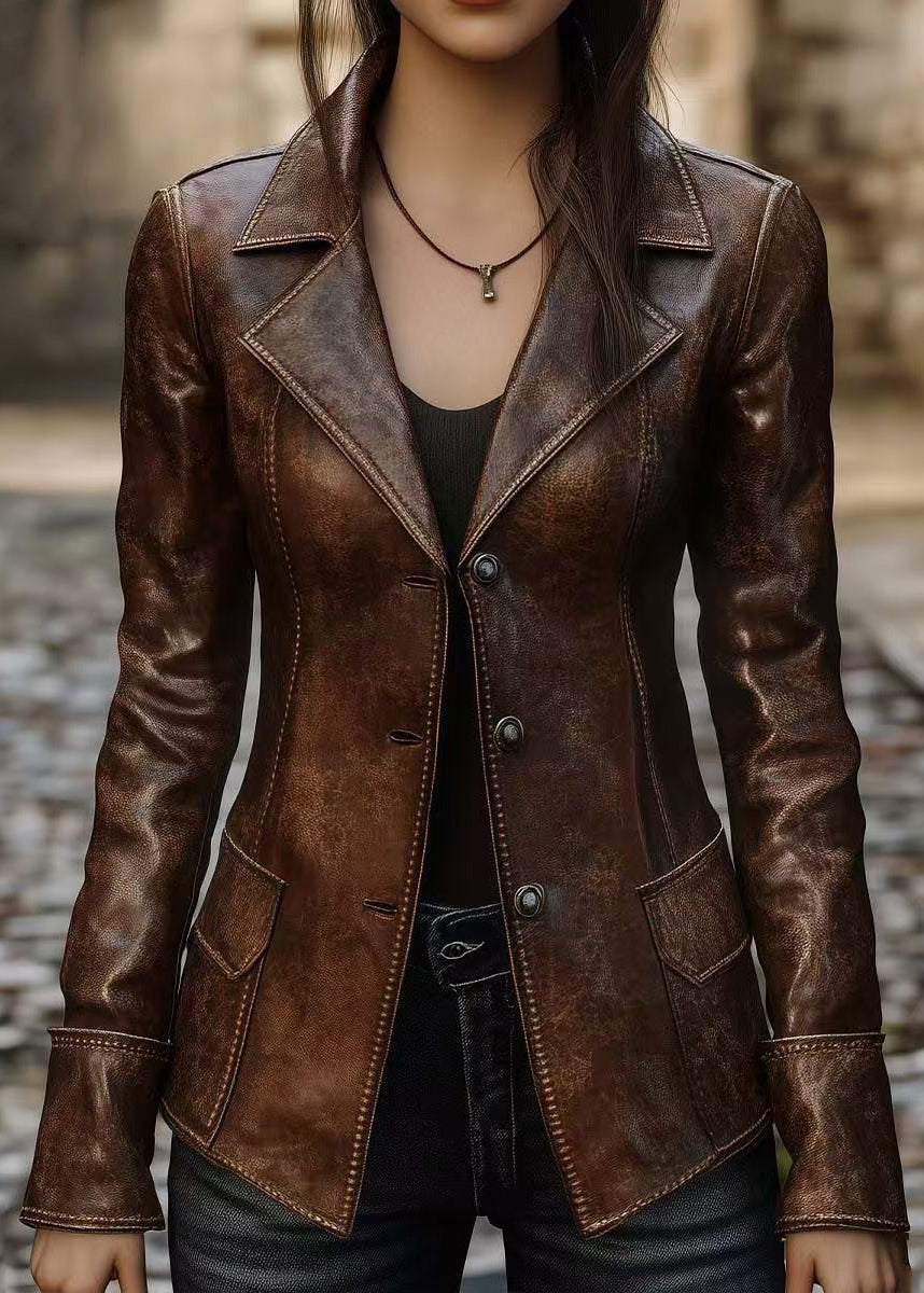 Women Brown Peter Pan Collar Button Faux Leather Coats Fall