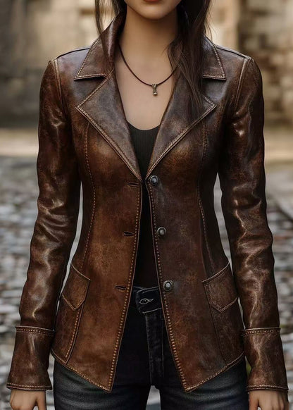 Women Brown Peter Pan Collar Button Faux Leather Coats Fall