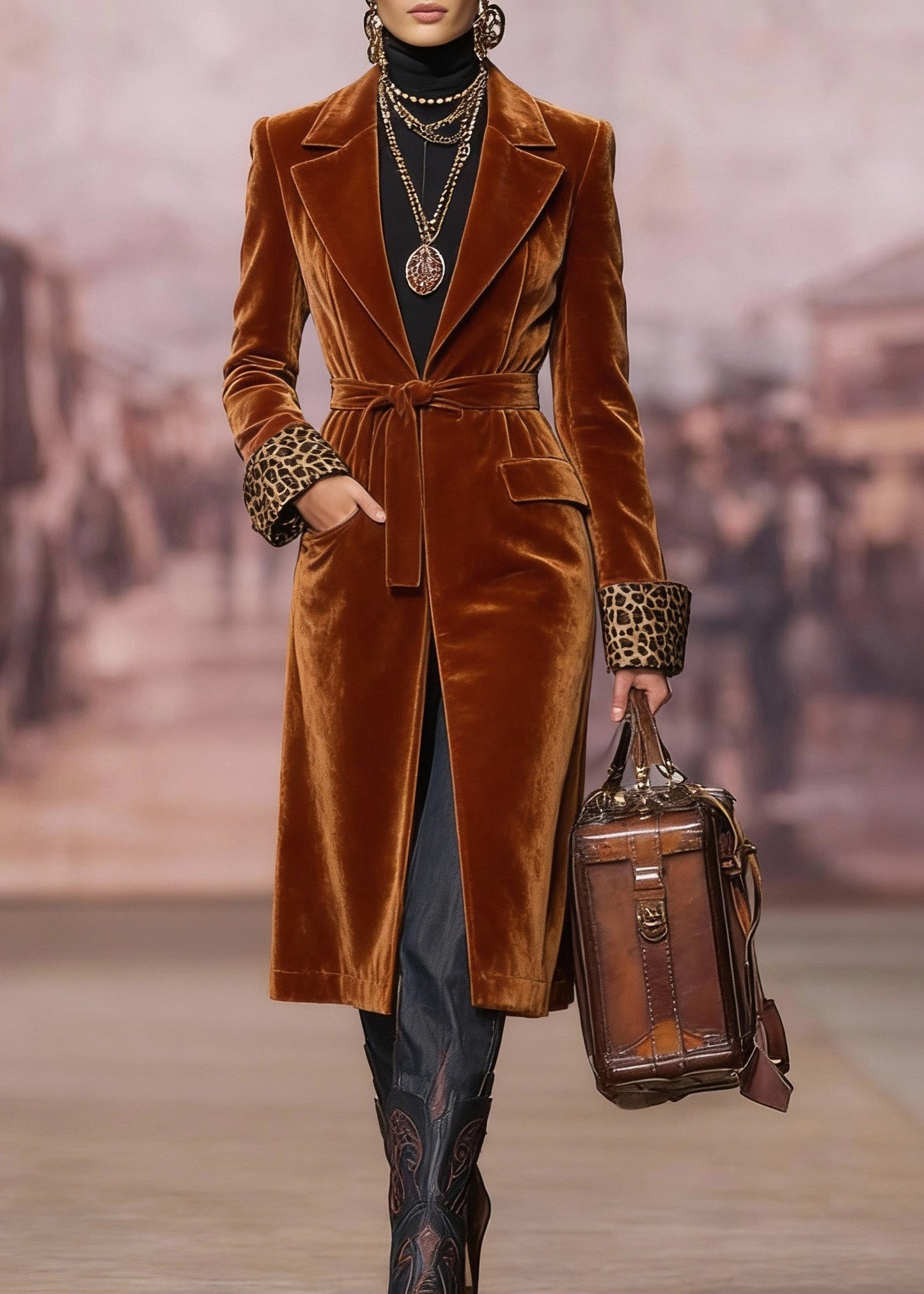 Women Brown Peter Pan Collar Lace Up Velvet Coat Spring