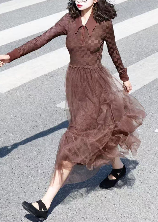 Women Brown Peter Pan Collar Tulle Patchwork Knit Dress Fall