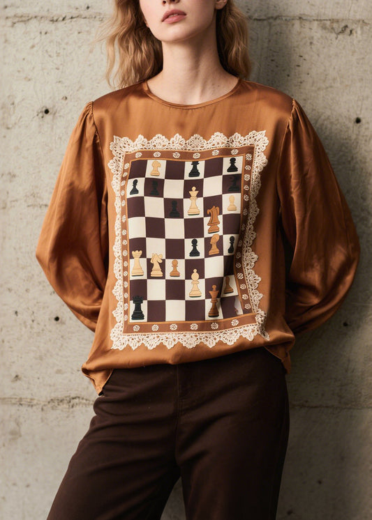 Women Brown Print Patchwork Silk Shirts Spring