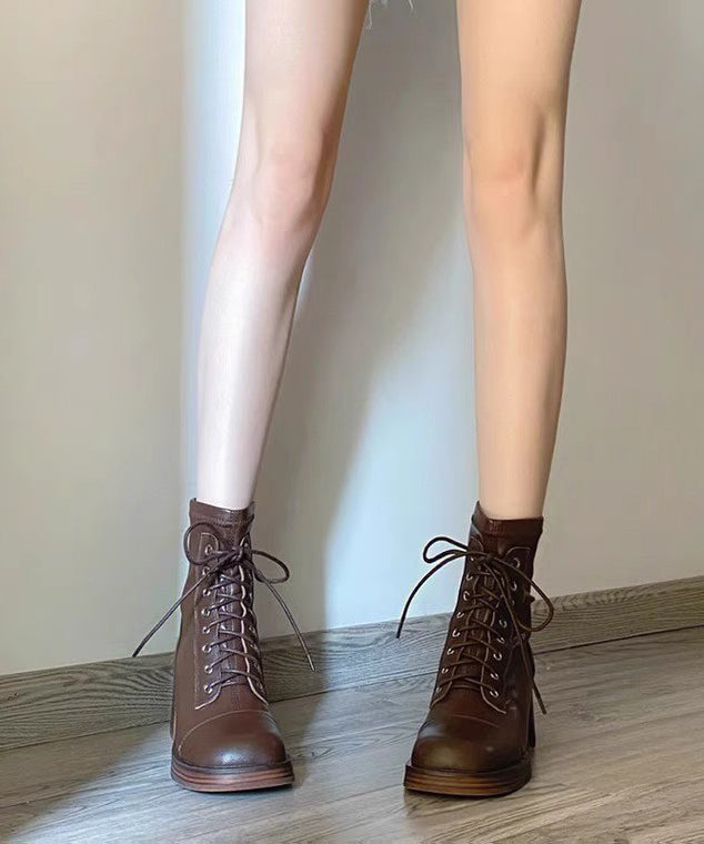 Women Brown Round Toe Lace Up Chunky Ankle Boots