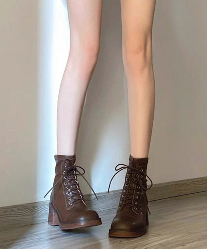 Women Brown Round Toe Lace Up Chunky Ankle Boots