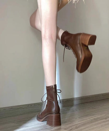 Women Brown Round Toe Lace Up Chunky Ankle Boots