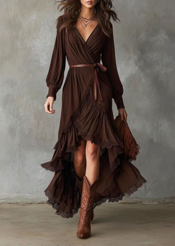 Women Brown Ruffled Low High Design Cotton Vacation Dresses Fall