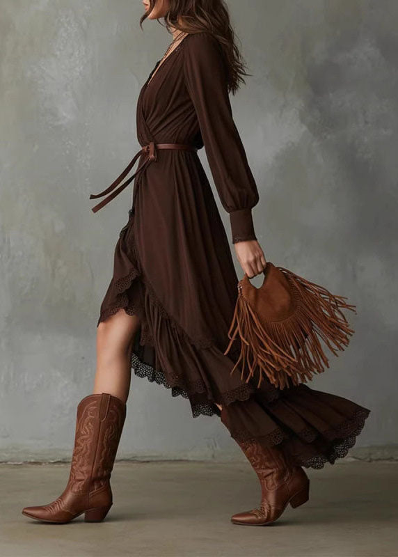 Women Brown Ruffled Low High Design Cotton Vacation Dresses Fall