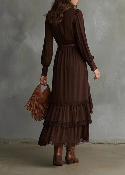Women Brown Ruffled Low High Design Cotton Vacation Dresses Fall